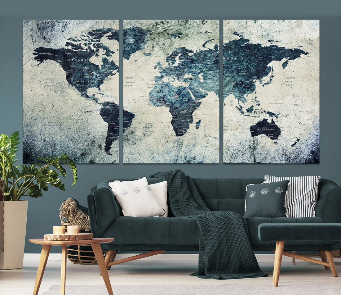 Extra Large World Map Wall Art Watercolor Painting on Canvas Print Grunge Vintage Decor