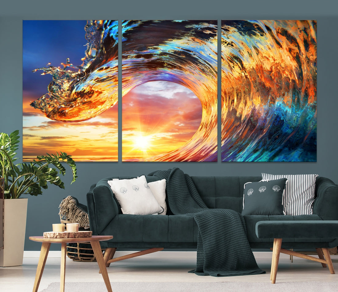 Large Canvas Wall Art Print of a Surface Wave Sunset Ocean