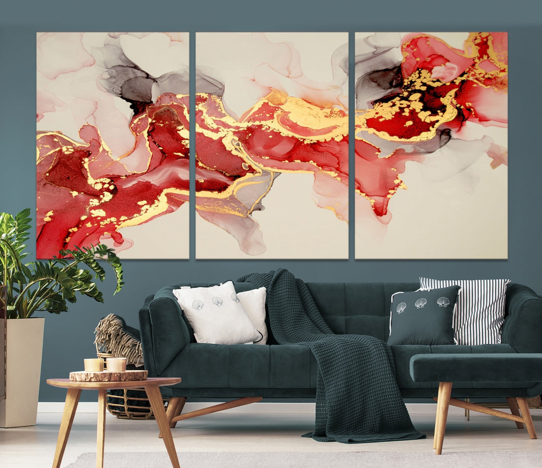 Contemporary Red Gold Abstract Painting on Canvas Print Framed Wall Decor