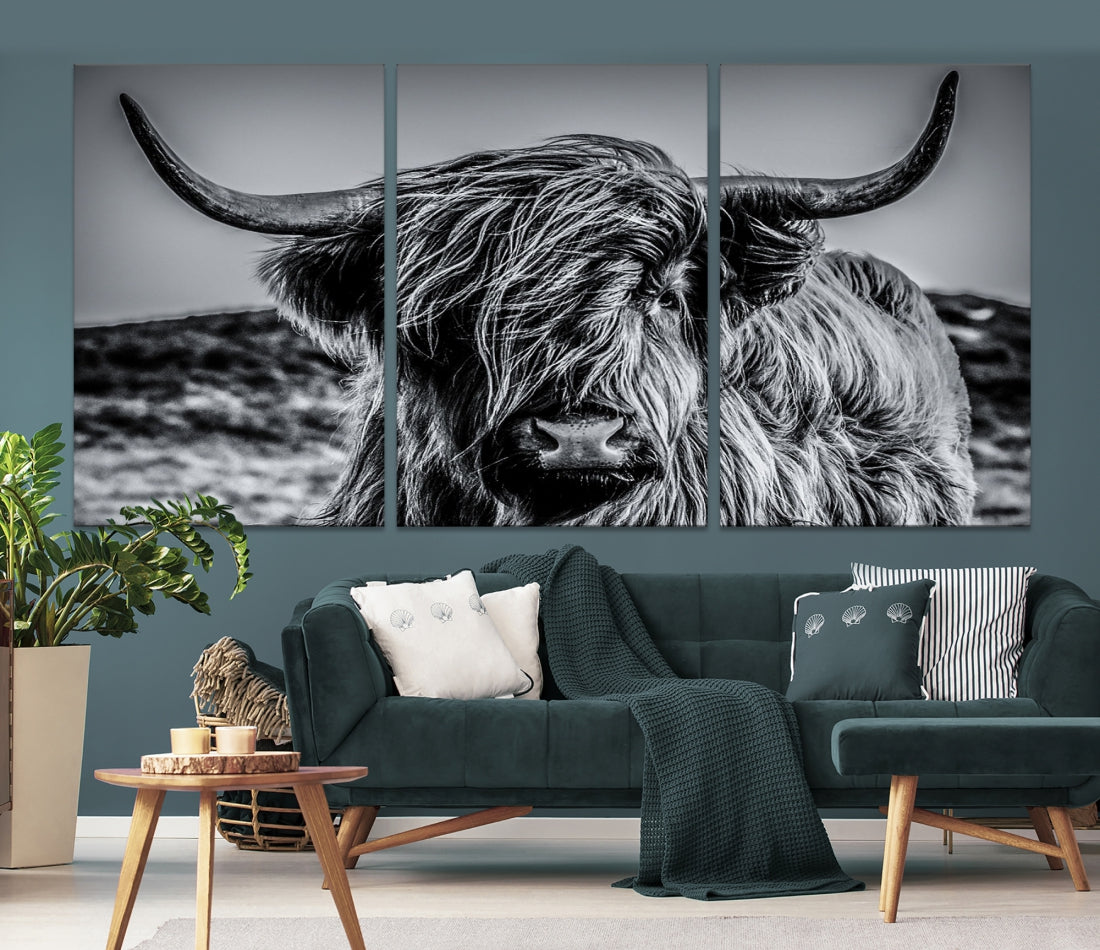 Black and White Extra Large Cow Wall Art Scottish Cattle Animal Canvas Print