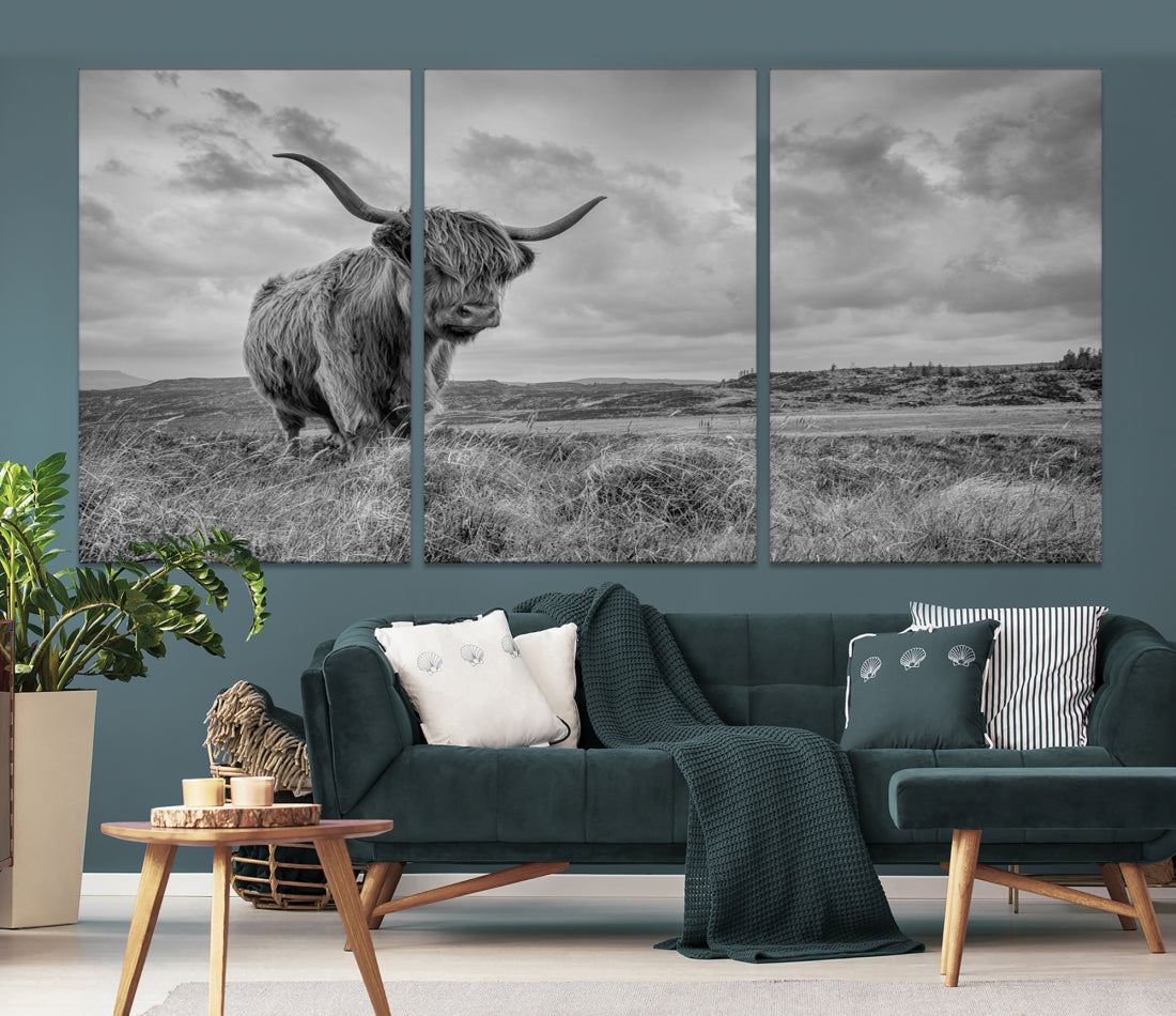 Grayscale Highland Cow Canvas Art Print Extra Large Animal Picture Print on Canvas