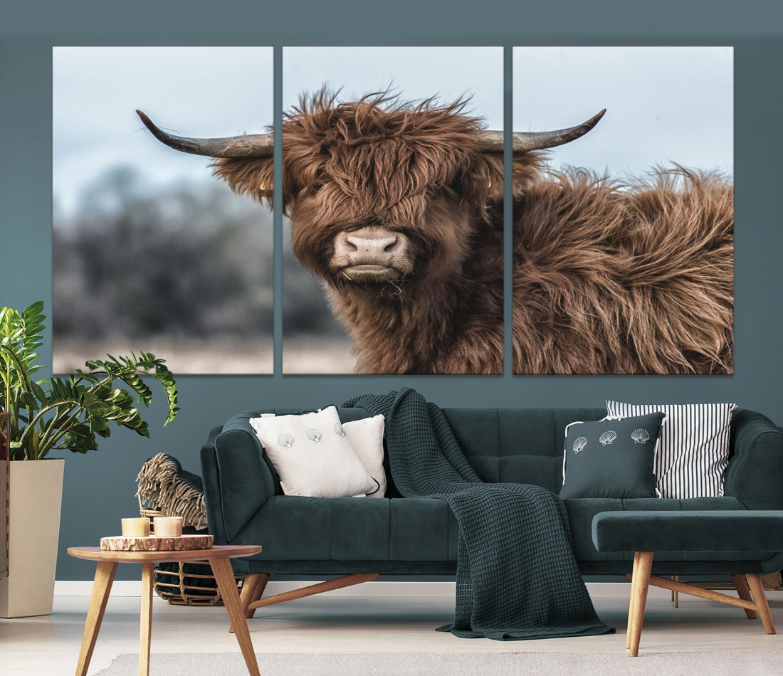 Fluffy Highland Cow Photograph Large Wall Art Canvas Print Cute Animals Picture Wall Decor Artwork for Living Room Farmhouse Printable Art Housewarming Gift Modern Home Art Decor