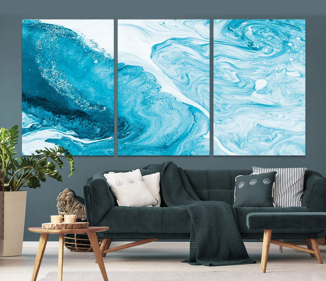 Bright Blue Abstract Painting on Canvas Large Marble Art Print