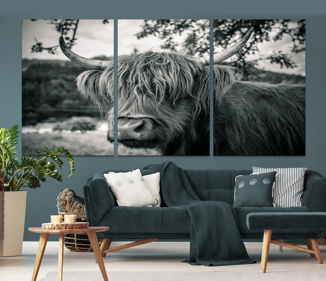 Beautiful Highland Cow Wall Art Large Canvas Print Black and White Wall Decor