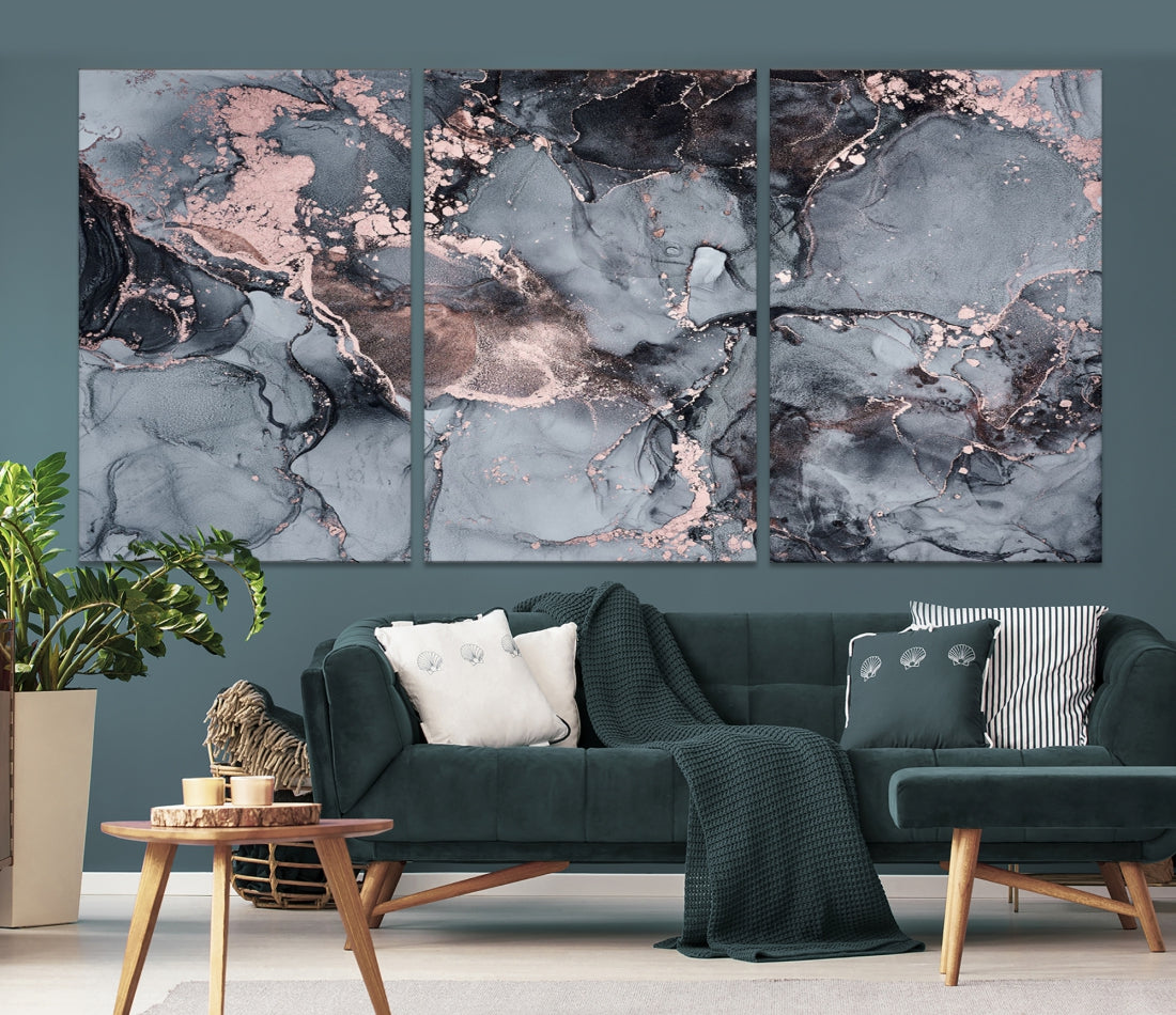 Gray and Rose Gold Marble Abstract Painting on Giclee Canvas Wall Art Print