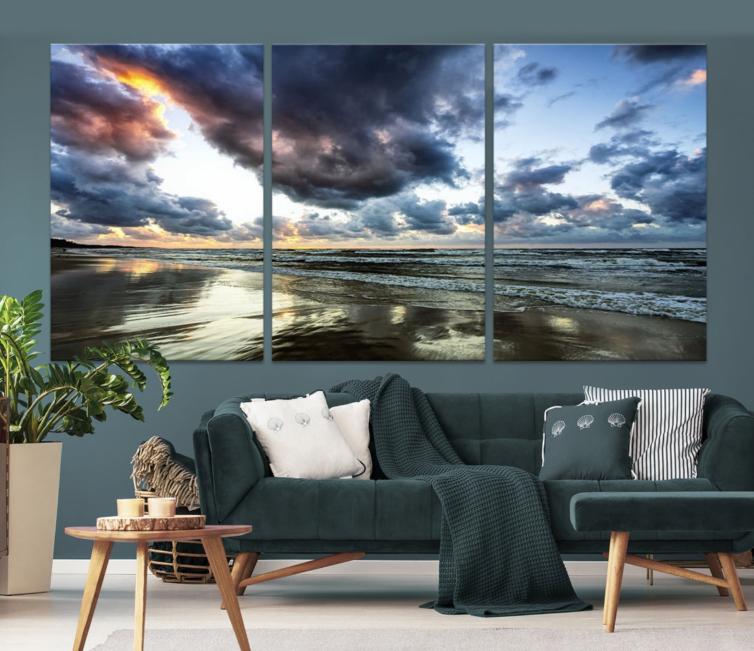 Cloudy Sky Calm Ocean Beach Nature Large Framed Canvas Art Print