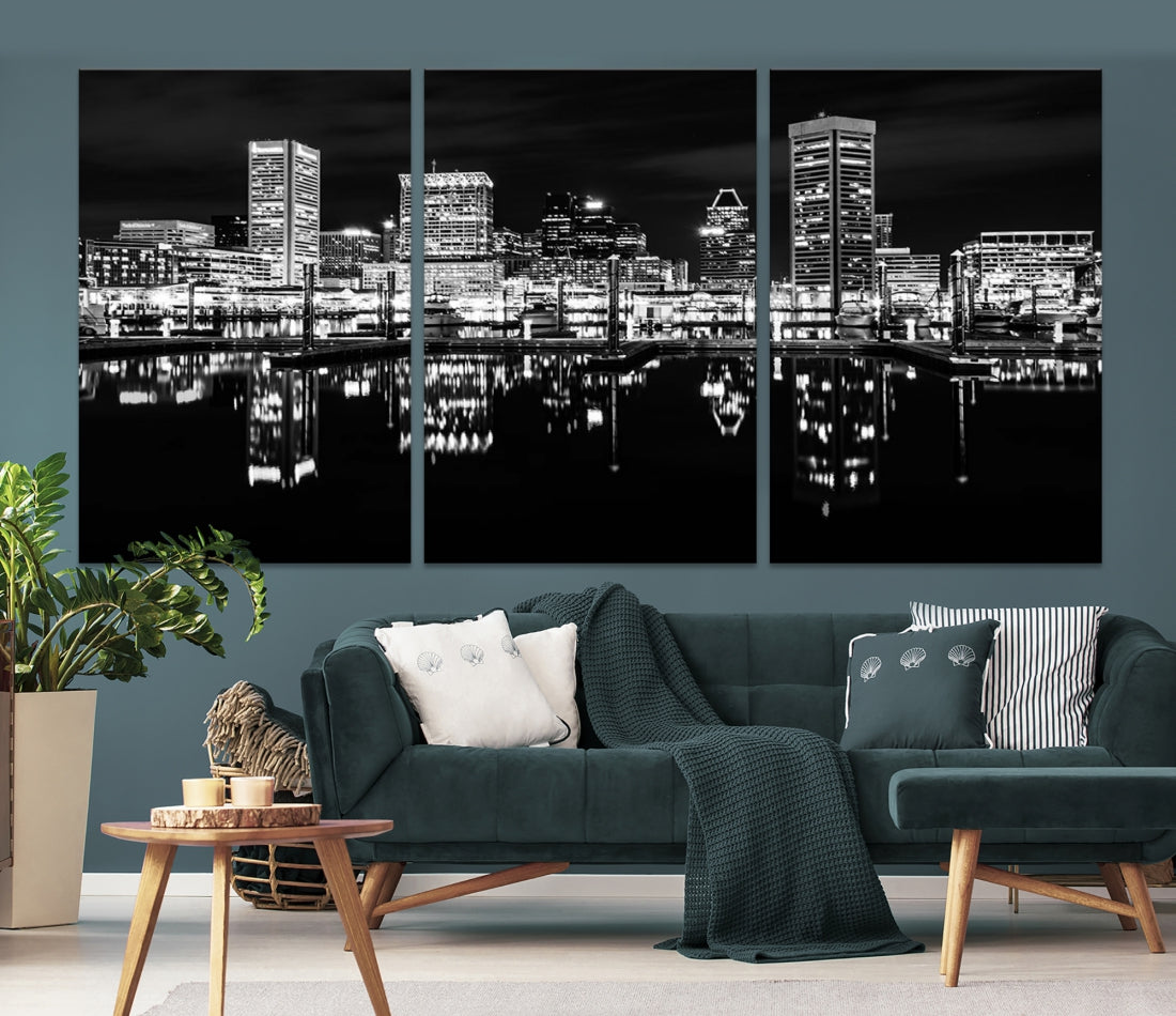 Black and White Baltimore Downtown Night Skyline Wall Art Cityscape Canvas Print