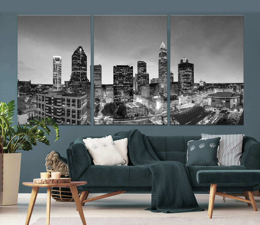 Aerial Charlotte City Skyline Wall Art Black and White Cityscape Canvas Print