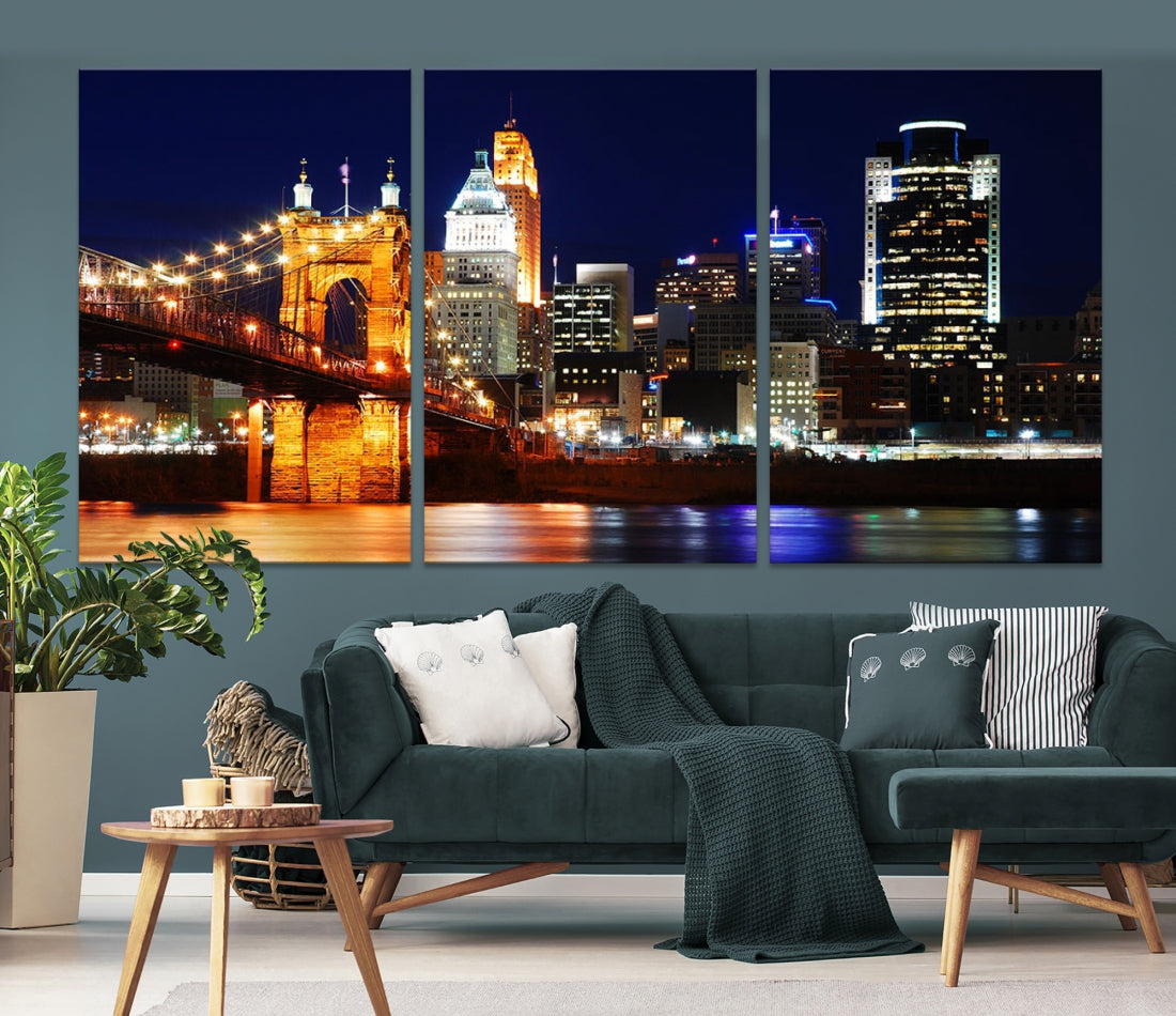 Cincinnati Bright Lights Night Skyline Canvas Wall Art Framed Print