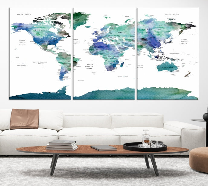 Vivid Colored World Map Push Pin Travel Map Canvas Wall Art Giclee Print