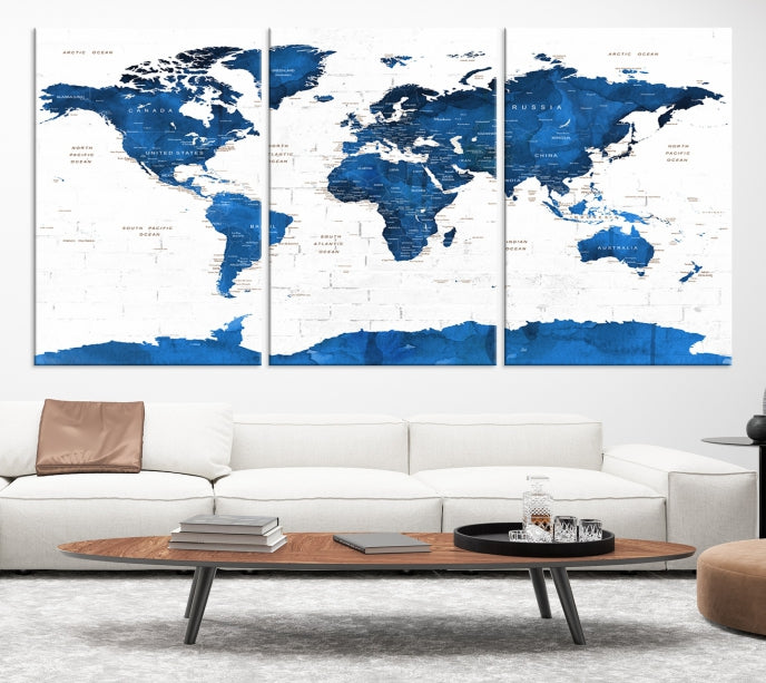 Blue Extra Large Framed Push Pin World Map Wall Art Canvas Print