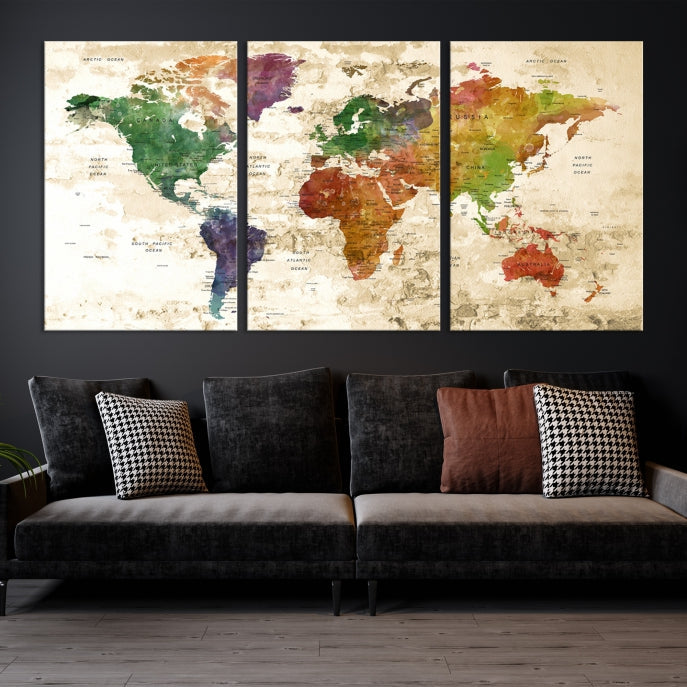 Push Pin World Map Canvas Print with Brownish Background Extra Large Framed Map Poster