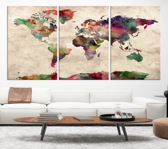 Colorful Watercolor World Map Framed Canvas Wall Art Giclee Print