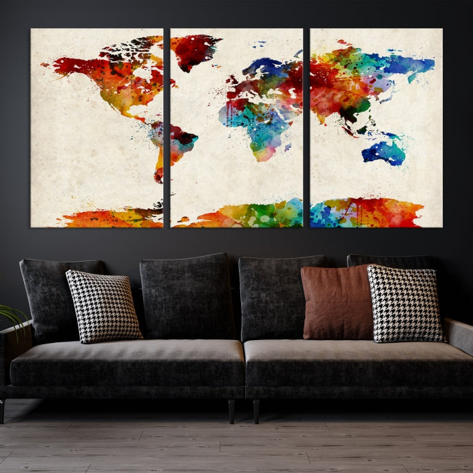 Large Wall Art World Map Watercolor Canvas Print