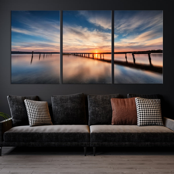 Wooden Pier at Sunset Seascape Wall Art Canvas Print for Home Office Decor