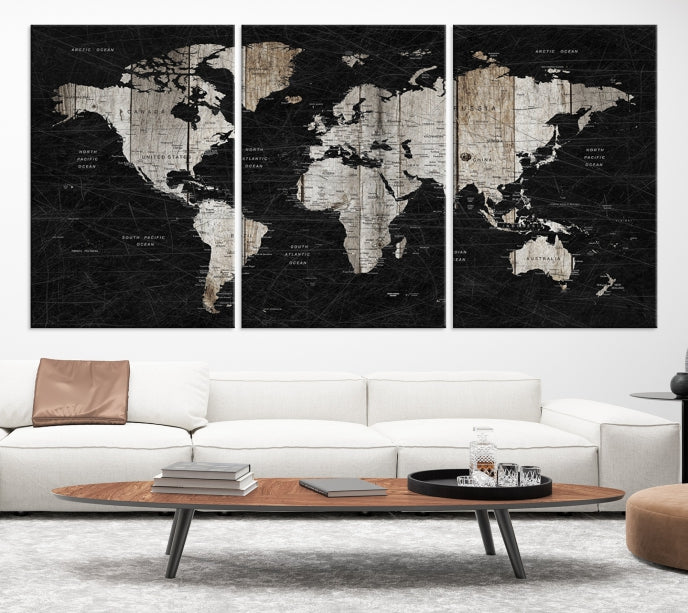 Black Push Pin World Map Detailed Framed Wall Art Canvas Print