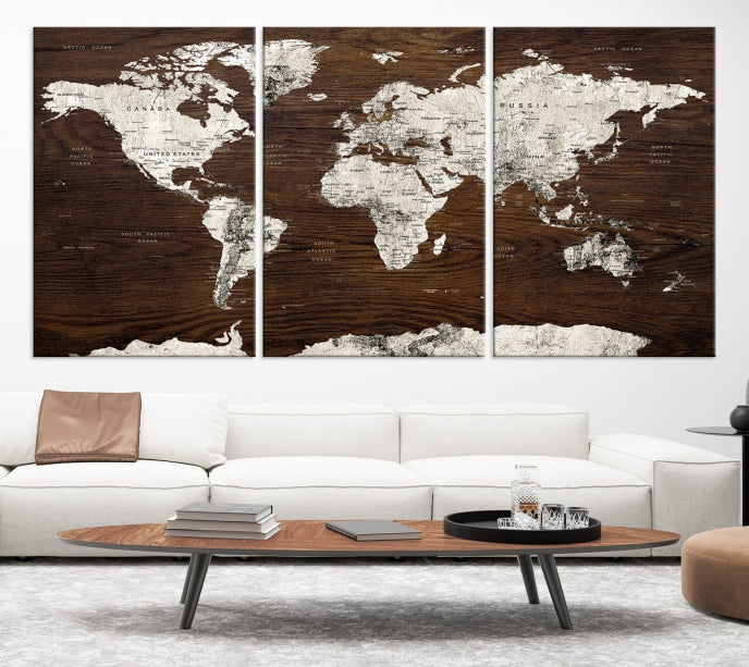 White Coloured World Map on Brown Background Large Canvas Print Wall Art