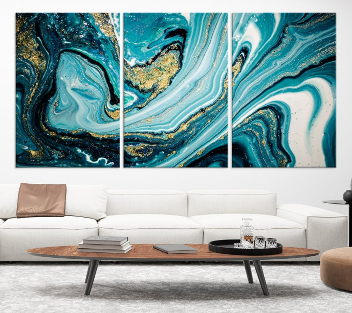 Turquoise Gold Marble Modern Abstract Painting Large Canvas Wall Art Giclee Print