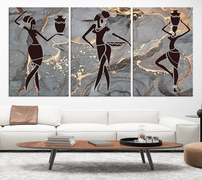 Gray Gold African Women Canvas Art Print Framed Ready to Hang