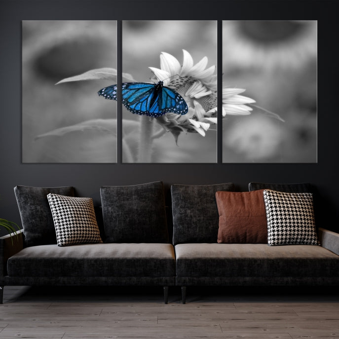 Pretty Blue Butterfly Black and White Canvas Wall Art Print Framed Ready to Hang