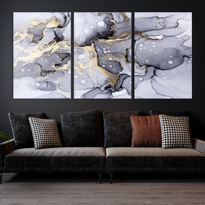 Gray Gold Abstract Painting on Giclee Canvas Wall Art Print Framed