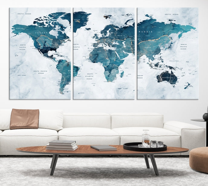 Blue World Map Extra Large Wall Art Canvas Print