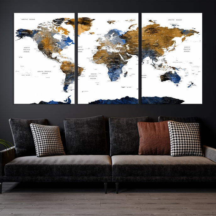 Push Pin Watercolor World Map Framed Canvas Wall Art Print