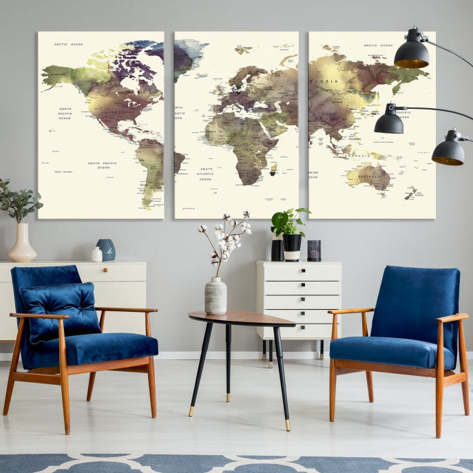 Vivid Colors Detailed World Map Wall Art Push Pin Travel Map Canvas Print