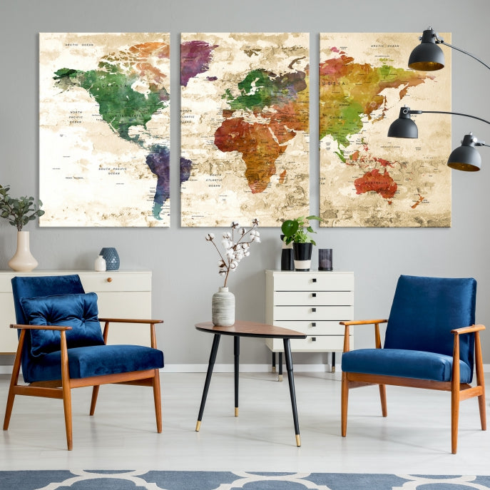 Push Pin World Map Canvas Print with Brownish Background Extra Large Framed Map Poster