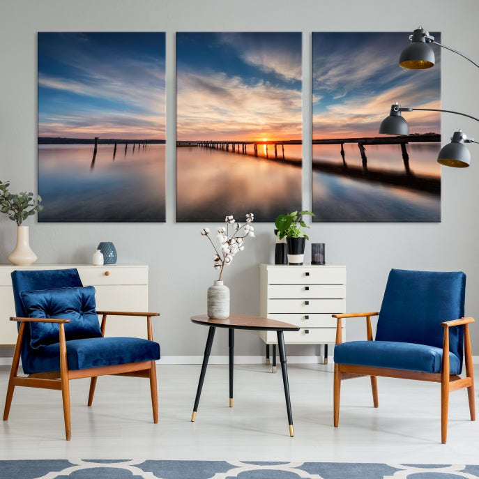 Wooden Pier at Sunset Seascape Wall Art Canvas Print for Home Office Decor