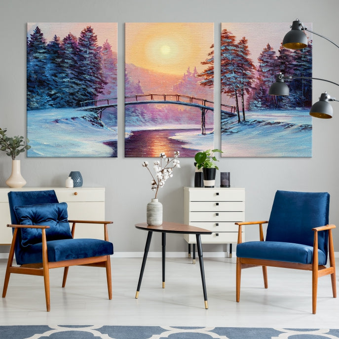 Beautiful Winter Landscape Painting Snowy Bridge Giclee Canvas Extra Large Wall Art Print