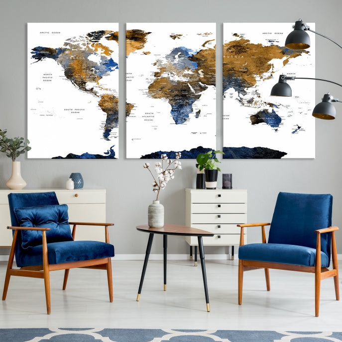 Push Pin Watercolor World Map Framed Canvas Wall Art Print