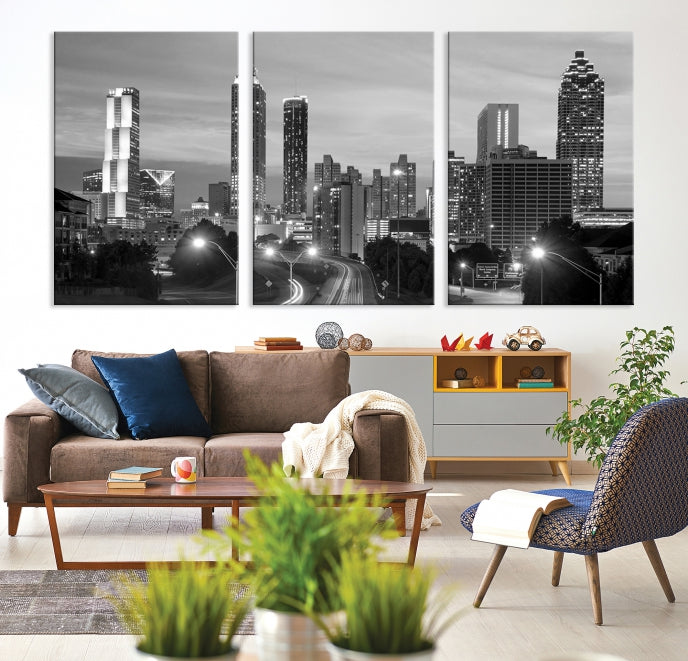 Atlanta City Cloudy Skyline Black and White Cityscape Canvas Print