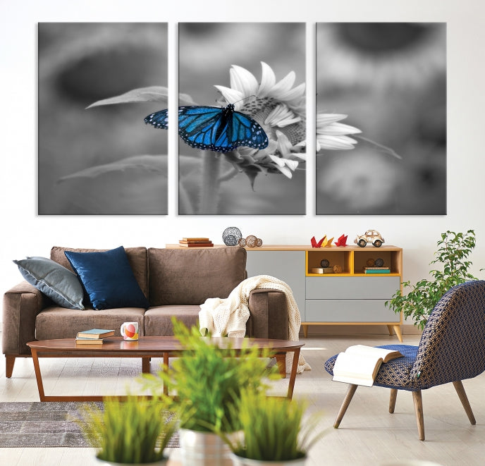 Pretty Blue Butterfly Black and White Canvas Wall Art Print Framed Ready to Hang