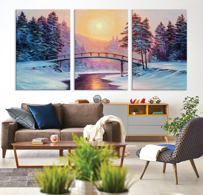 Beautiful Winter Landscape Painting Snowy Bridge Giclee Canvas Extra Large Wall Art Print